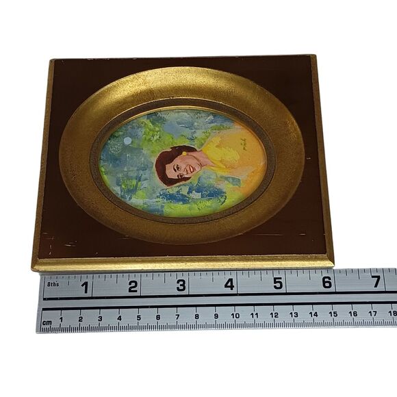 VTG 1963 Miniature Portrait Of Woman In Yellow Dress Blue Background Gold Frame - Picture 12 of 13